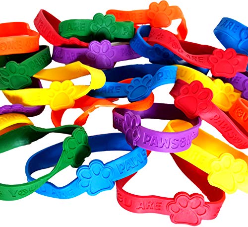 Dondor 'You Are Pawsome' Paw Print Rubber Bracelets - Pack of 24 Neon Party Favors for Kids