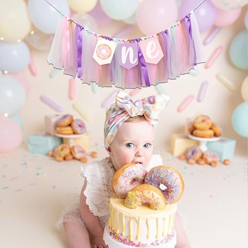 Donut Highchair Banner 1st Birthday - CIEQR Pastel Donut Grow Up Banner for Cake Smash, Party Decor