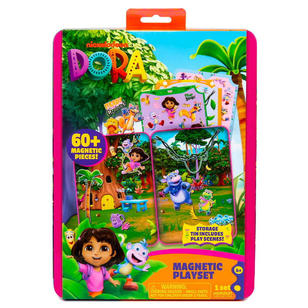 Dora Magnetic Playset - 75 Pieces, Portable Tin, Travel Toy for Ages 4+