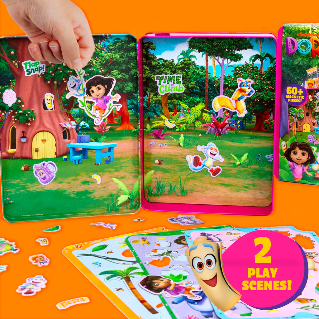 Dora Magnetic Playset - 75 Pieces, Portable Tin, Travel Toy for Ages 4+