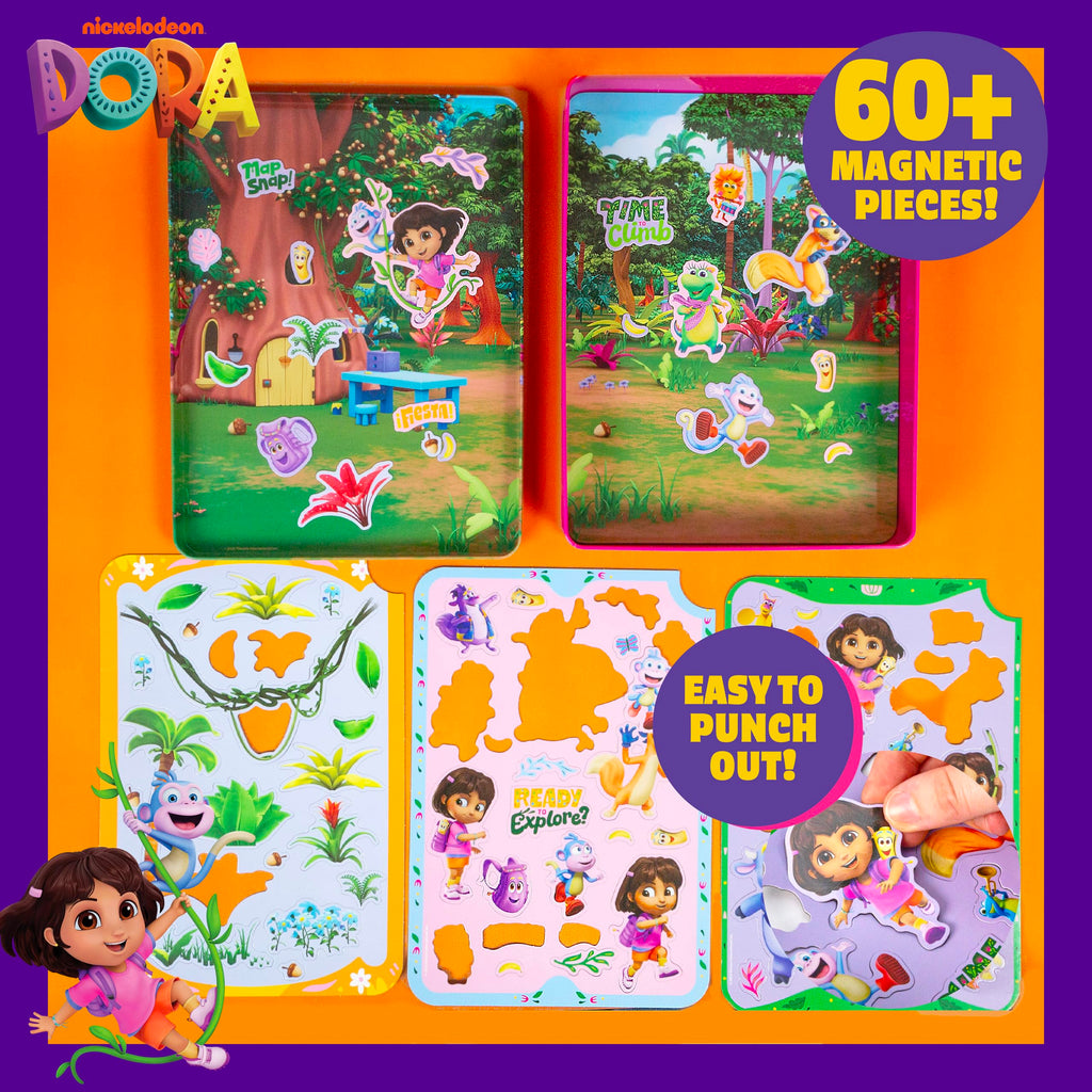 Dora Magnetic Playset - 75 Pieces, Portable Tin, Travel Toy for Ages 4+