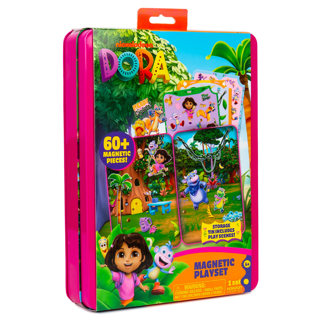 Dora Magnetic Playset - 75 Pieces, Portable Tin, Travel Toy for Ages 4+
