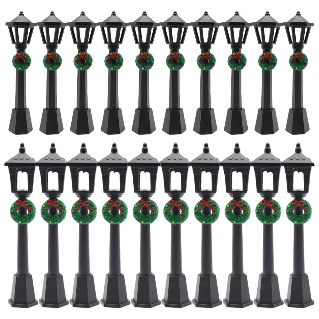 DoubleWood 20-Piece Miniature Street Lamp Set with Wreath Design for Christmas Village and Dollhouse Décor