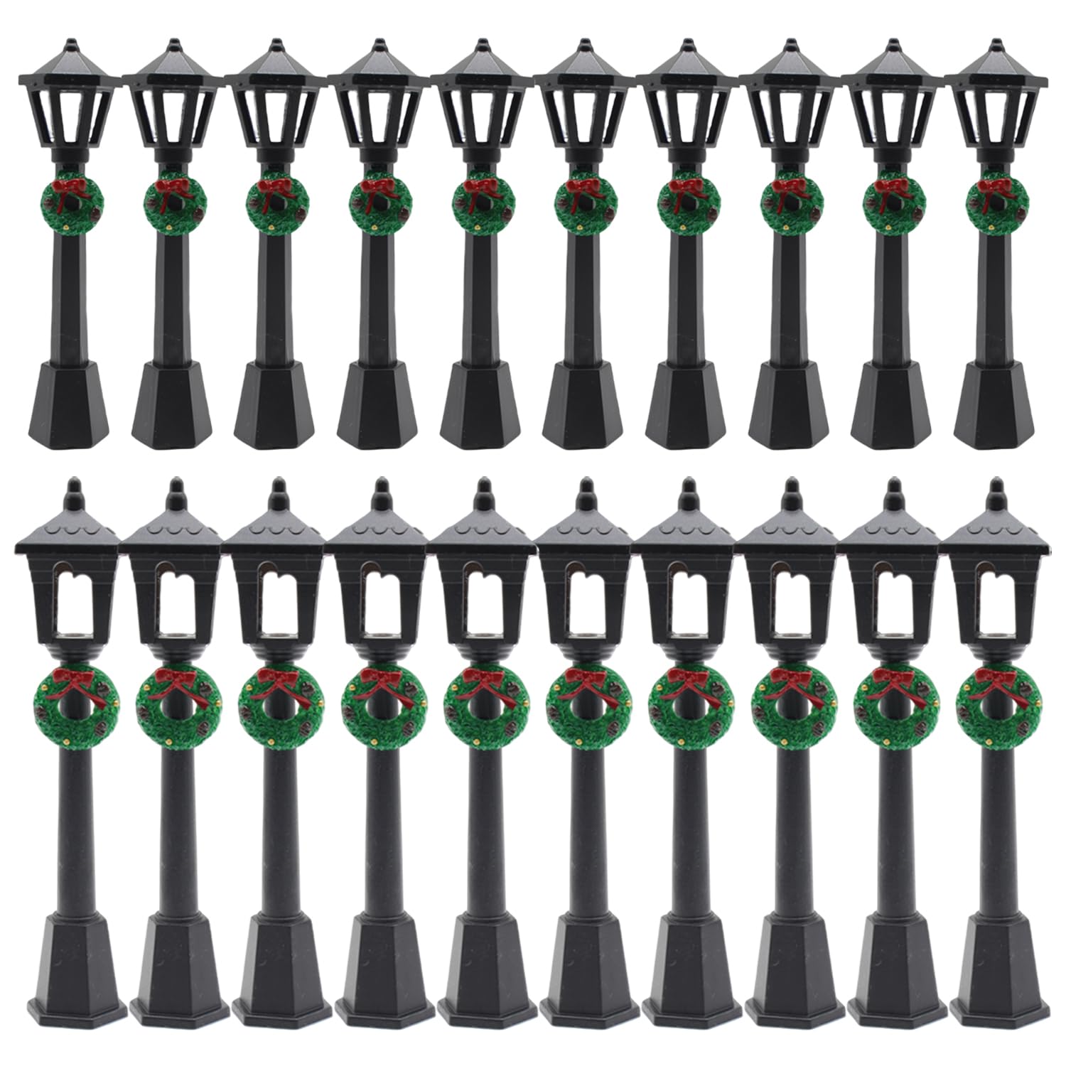 DoubleWood 20-Piece Miniature Street Lamp Set with Wreath Design for Christmas Village and Dollhouse Décor