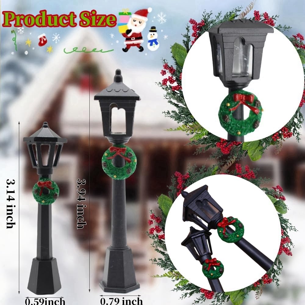 DoubleWood 20-Piece Miniature Street Lamp Set with Wreath Design for Christmas Village and Dollhouse Décor