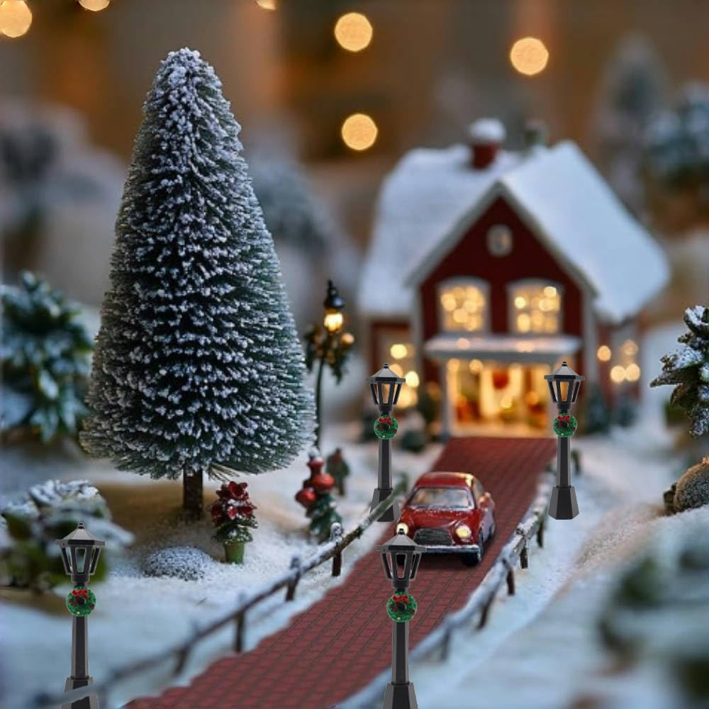 DoubleWood 20-Piece Miniature Street Lamp Set with Wreath Design for Christmas Village and Dollhouse Décor