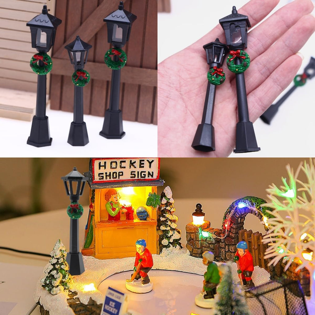 DoubleWood 20-Piece Miniature Street Lamp Set with Wreath Design for Christmas Village and Dollhouse Décor