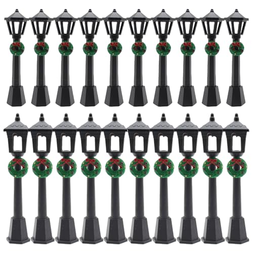 DoubleWood 20-Piece Miniature Street Lamp Set with Wreath Design for Christmas Village and Dollhouse Décor