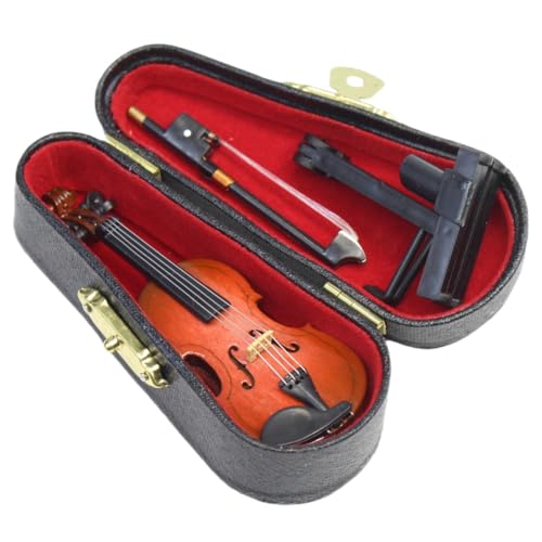 DoubleWood Miniature Violin – 3.15" Wooden Dollhouse Decor with Stand, Bow & Case