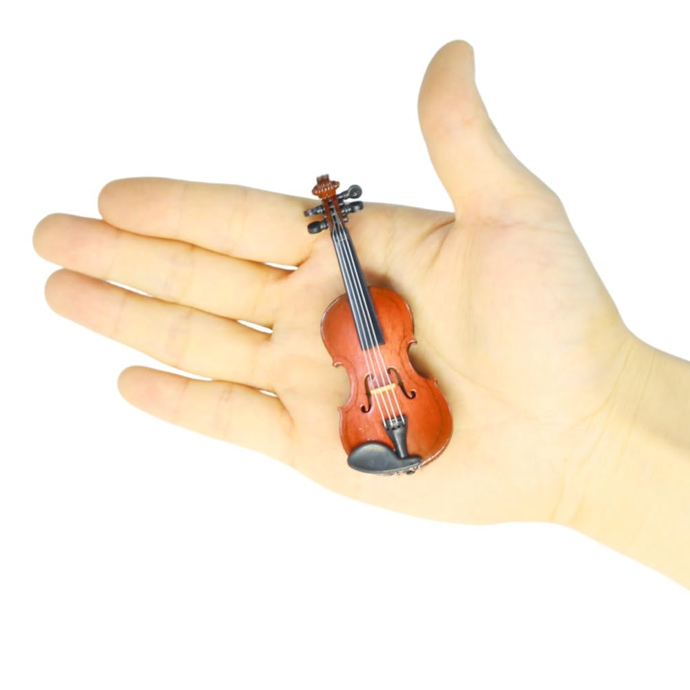 DoubleWood Miniature Violin – 3.15" Wooden Dollhouse Decor with Stand, Bow & Case