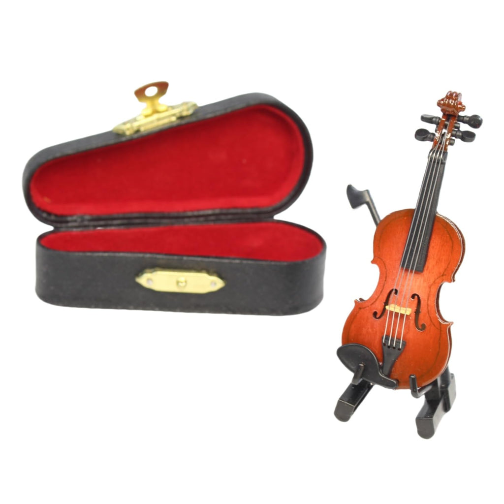 DoubleWood Miniature Violin – 3.15" Wooden Dollhouse Decor with Stand, Bow & Case