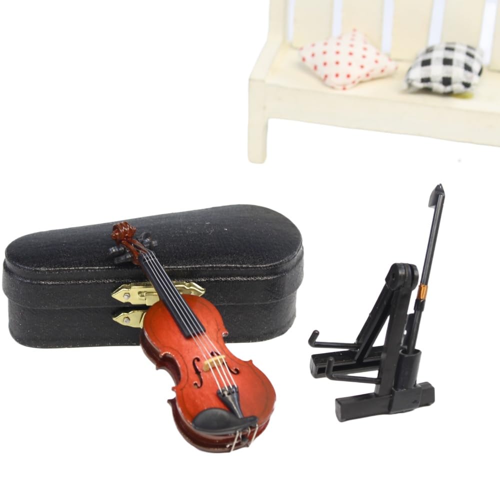 DoubleWood Miniature Violin – 3.15" Wooden Dollhouse Decor with Stand, Bow & Case
