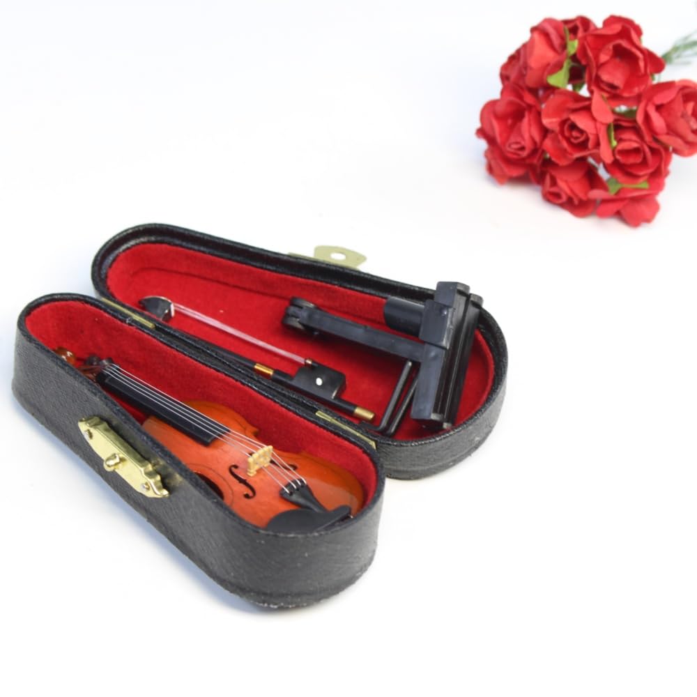 DoubleWood Miniature Violin – 3.15" Wooden Dollhouse Decor with Stand, Bow & Case