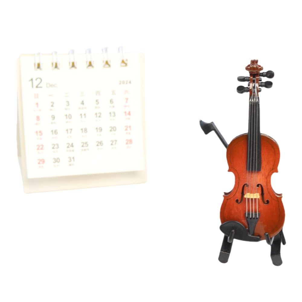 DoubleWood Miniature Violin – 3.15" Wooden Dollhouse Decor with Stand, Bow & Case