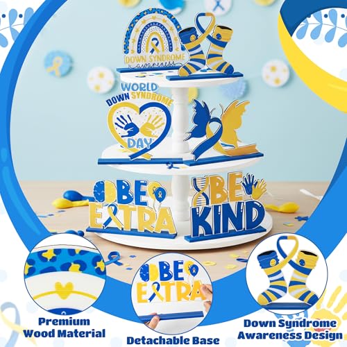 Down Syndrome Awareness Wooden Tiered Tray Decorations – 6-Piece Set with Yellow Blue Ribbon Signs
