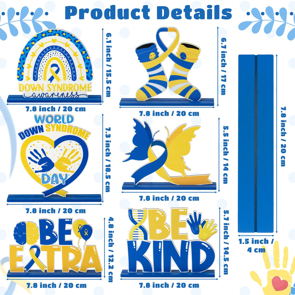 Down Syndrome Awareness Wooden Tiered Tray Decorations – 6-Piece Set with Yellow Blue Ribbon Signs