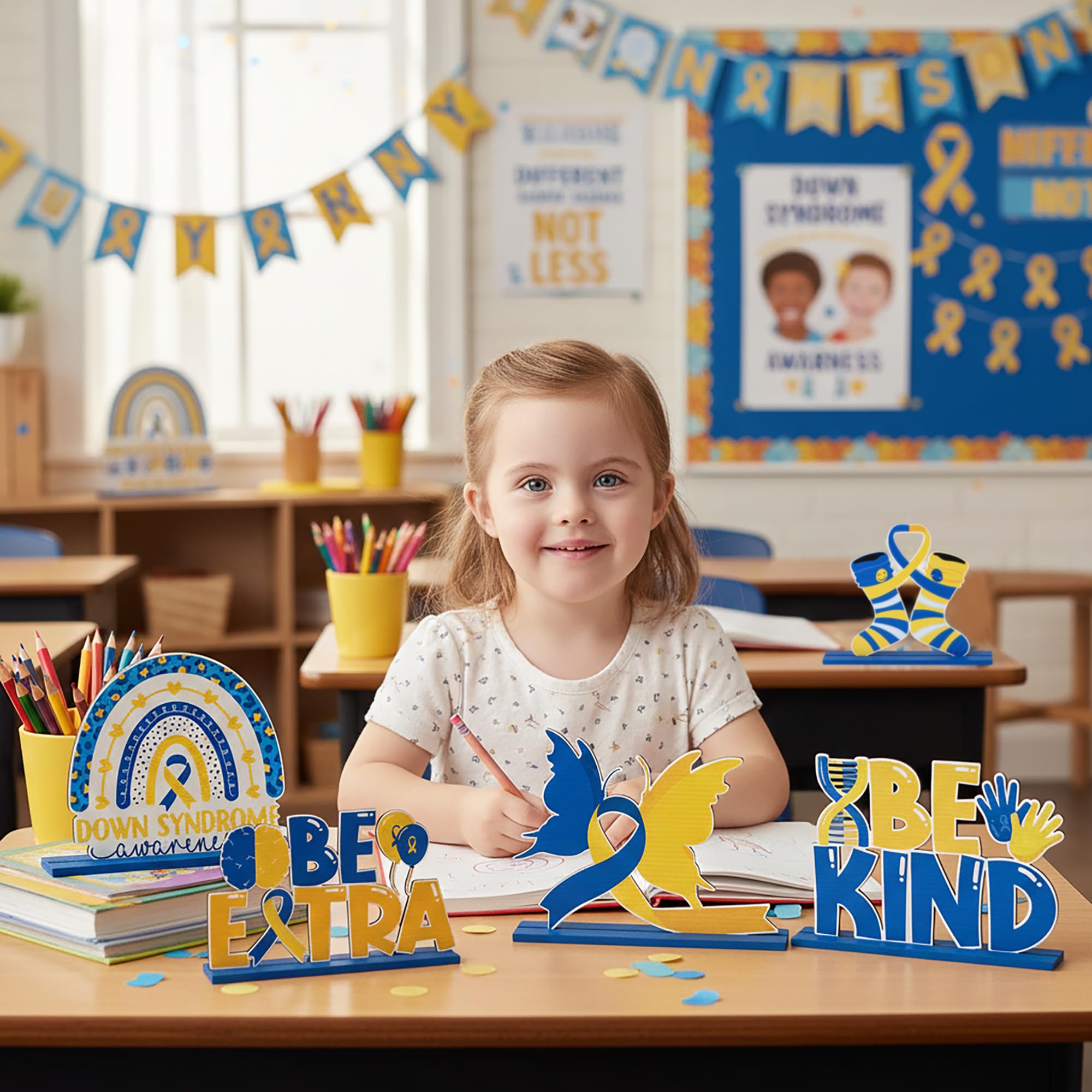 Down Syndrome Awareness Wooden Tiered Tray Decorations – 6-Piece Set with Yellow Blue Ribbon Signs