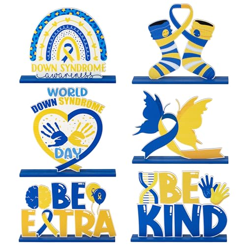 Down Syndrome Awareness Wooden Tiered Tray Decorations – 6-Piece Set with Yellow Blue Ribbon Signs