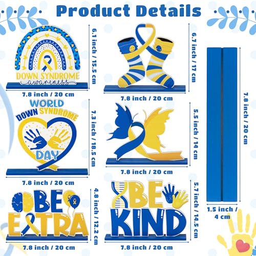 Down Syndrome Awareness Wooden Tiered Tray Decorations – 6-Piece Set with Yellow Blue Ribbon Signs