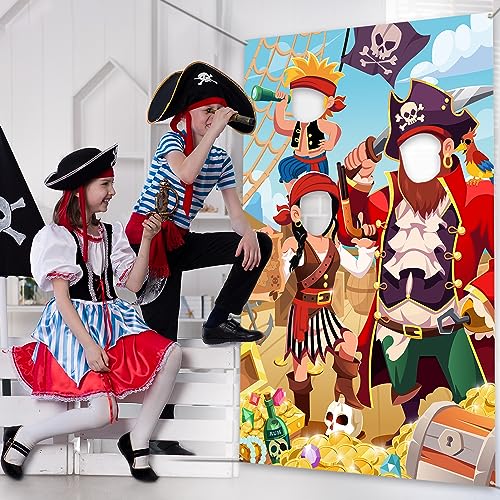 DPKOW Kids Pirate Photo Prop Banner - Fun Face in Hole Backdrop for Birthday Party Decorations, 3.3x6ft