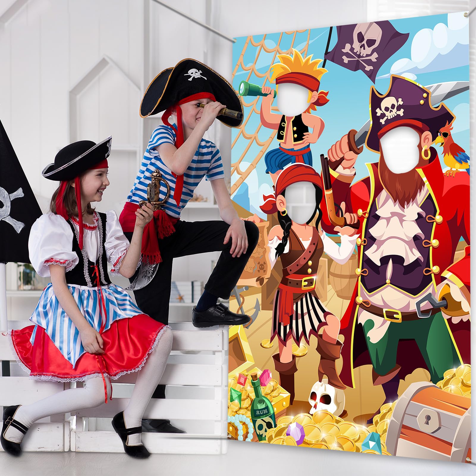 DPKOW Kids Pirate Photo Prop Banner - Fun Face in Hole Backdrop for Birthday Party Decorations, 3.3x6ft