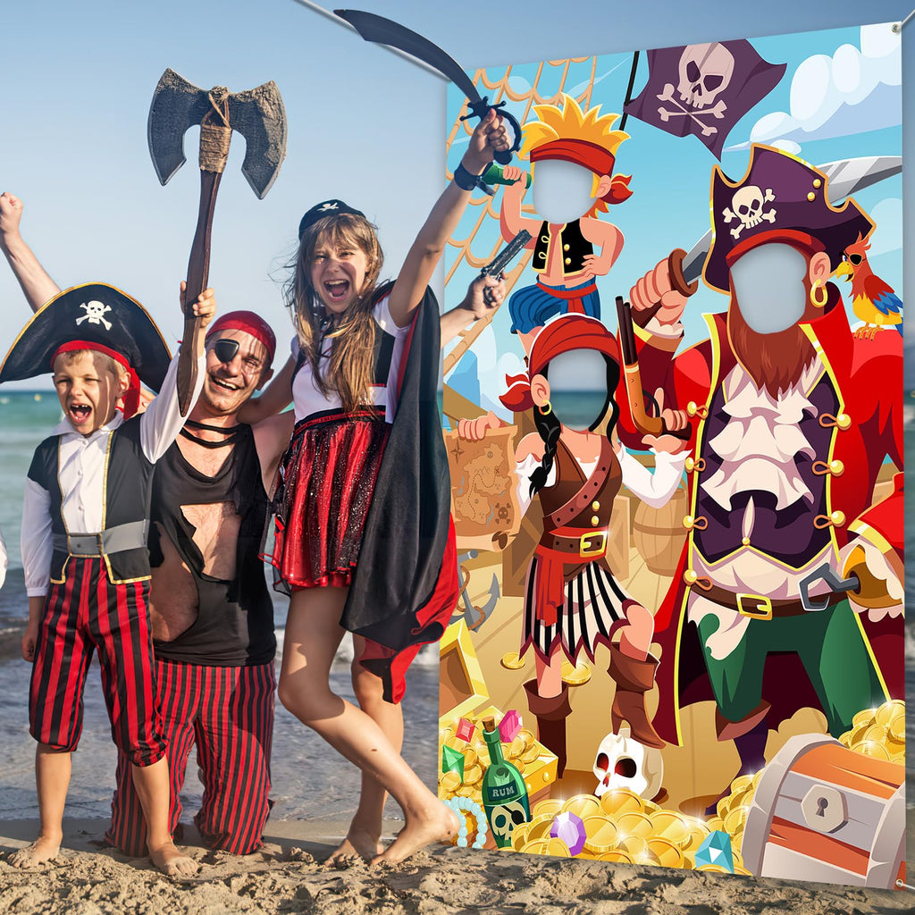 DPKOW Kids Pirate Photo Prop Banner - Fun Face in Hole Backdrop for Birthday Party Decorations, 3.3x6ft