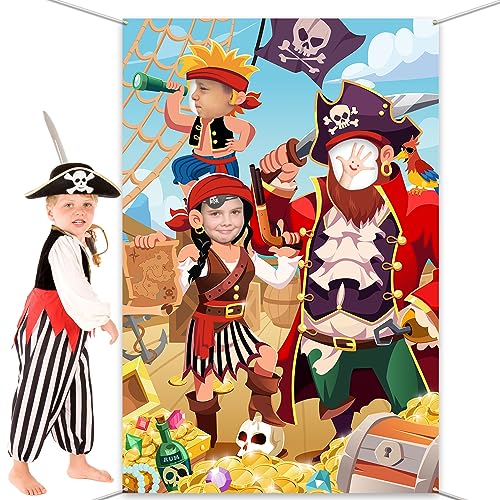 DPKOW Kids Pirate Photo Prop Banner - Fun Face in Hole Backdrop for Birthday Party Decorations, 3.3x6ft