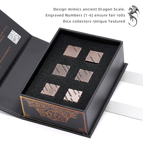 Dragon Scale Metal D6 Dice Set – 6 Zinc Alloy 16mm Dice with 3D Engraving, Copper Finish, Gift Box Included