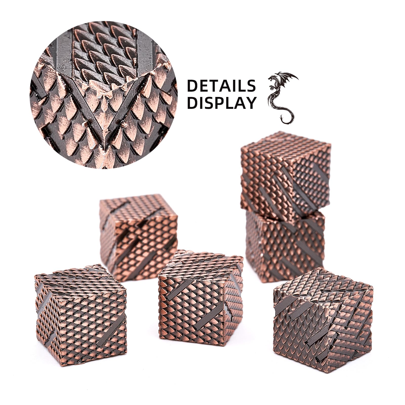 Dragon Scale Metal D6 Dice Set – 6 Zinc Alloy 16mm Dice with 3D Engraving, Copper Finish, Gift Box Included