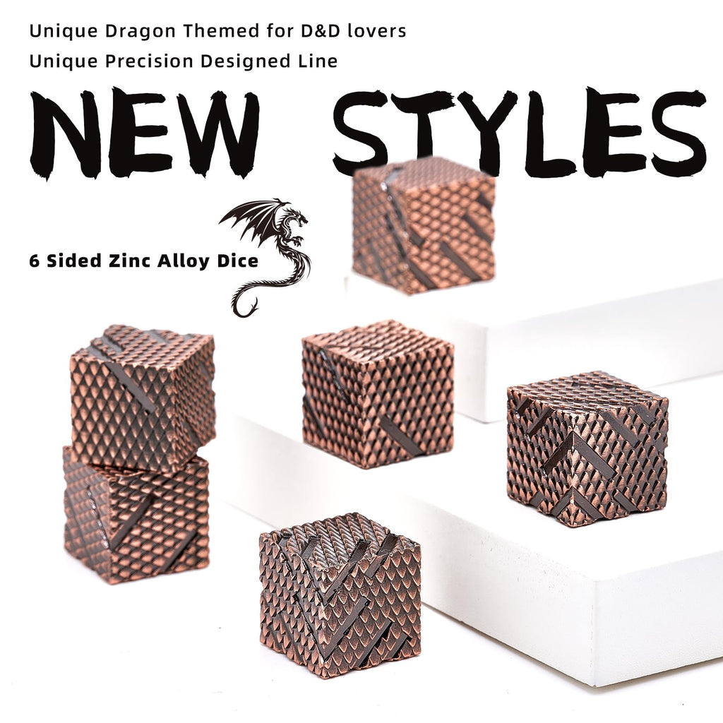 Dragon Scale Metal D6 Dice Set – 6 Zinc Alloy 16mm Dice with 3D Engraving, Copper Finish, Gift Box Included