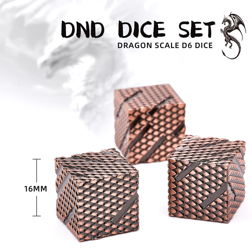 Dragon Scale Metal D6 Dice Set – 6 Zinc Alloy 16mm Dice with 3D Engraving, Copper Finish, Gift Box Included