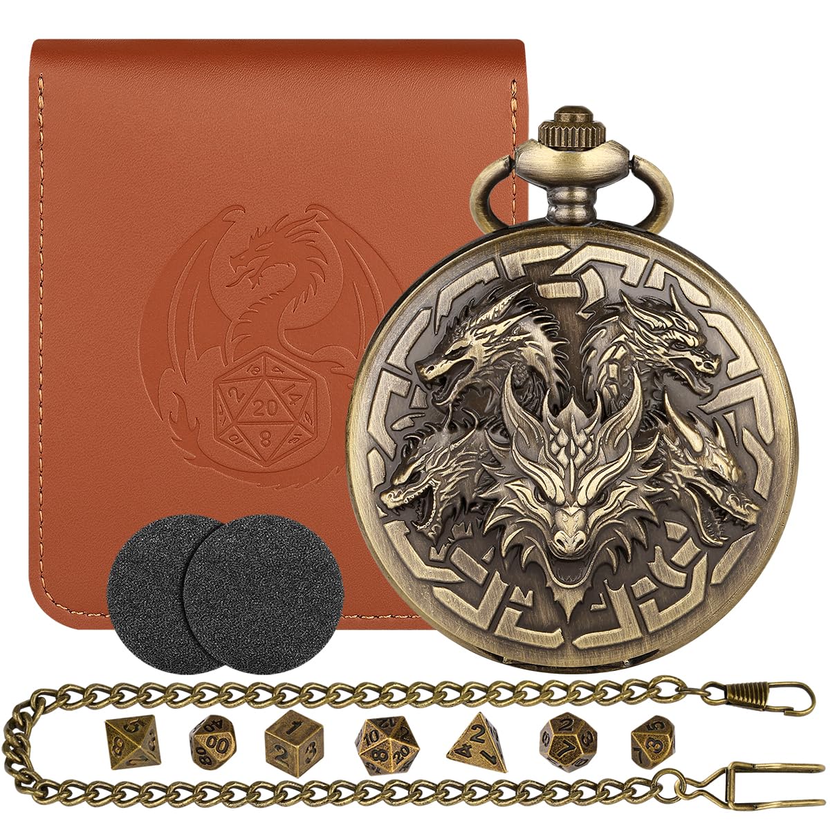 Dragon-Themed Pocket Watch Dice Case with 7 Mini Polyhedral Dice Set - D&D Gift for RPG Players with Leather Bag