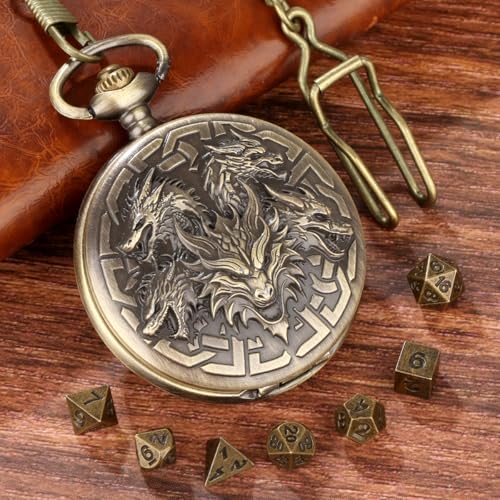 Dragon-Themed Pocket Watch Dice Case with 7 Mini Polyhedral Dice Set - D&D Gift for RPG Players with Leather Bag