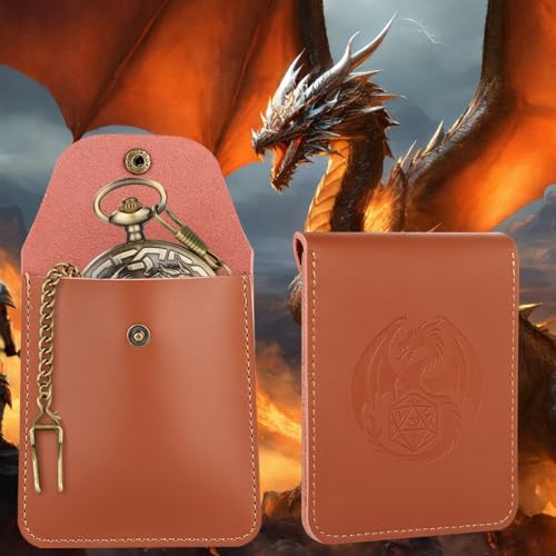 Dragon-Themed Pocket Watch Dice Case with 7 Mini Polyhedral Dice Set - D&D Gift for RPG Players with Leather Bag