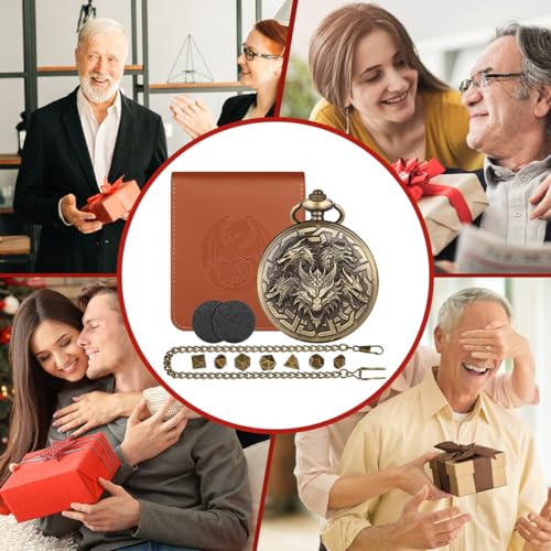 Dragon-Themed Pocket Watch Dice Case with 7 Mini Polyhedral Dice Set - D&D Gift for RPG Players with Leather Bag