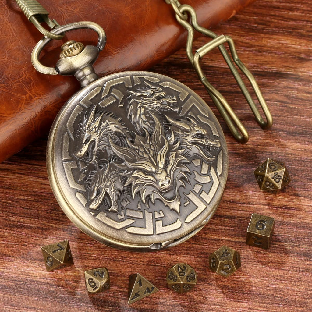 Dragon-Themed Pocket Watch Dice Case with 7 Mini Polyhedral Dice Set - D&D Gift for RPG Players with Leather Bag