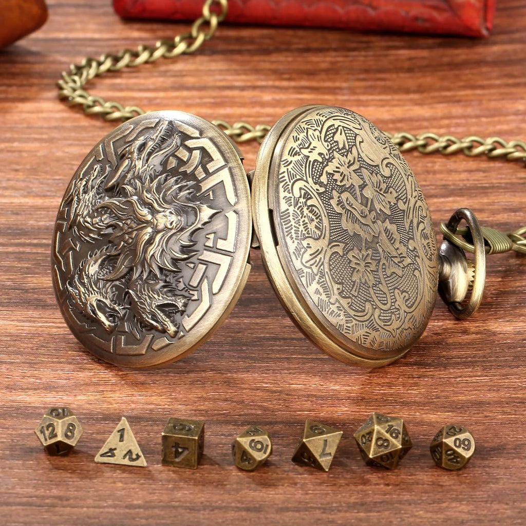 Dragon-Themed Pocket Watch Dice Case with 7 Mini Polyhedral Dice Set - D&D Gift for RPG Players with Leather Bag