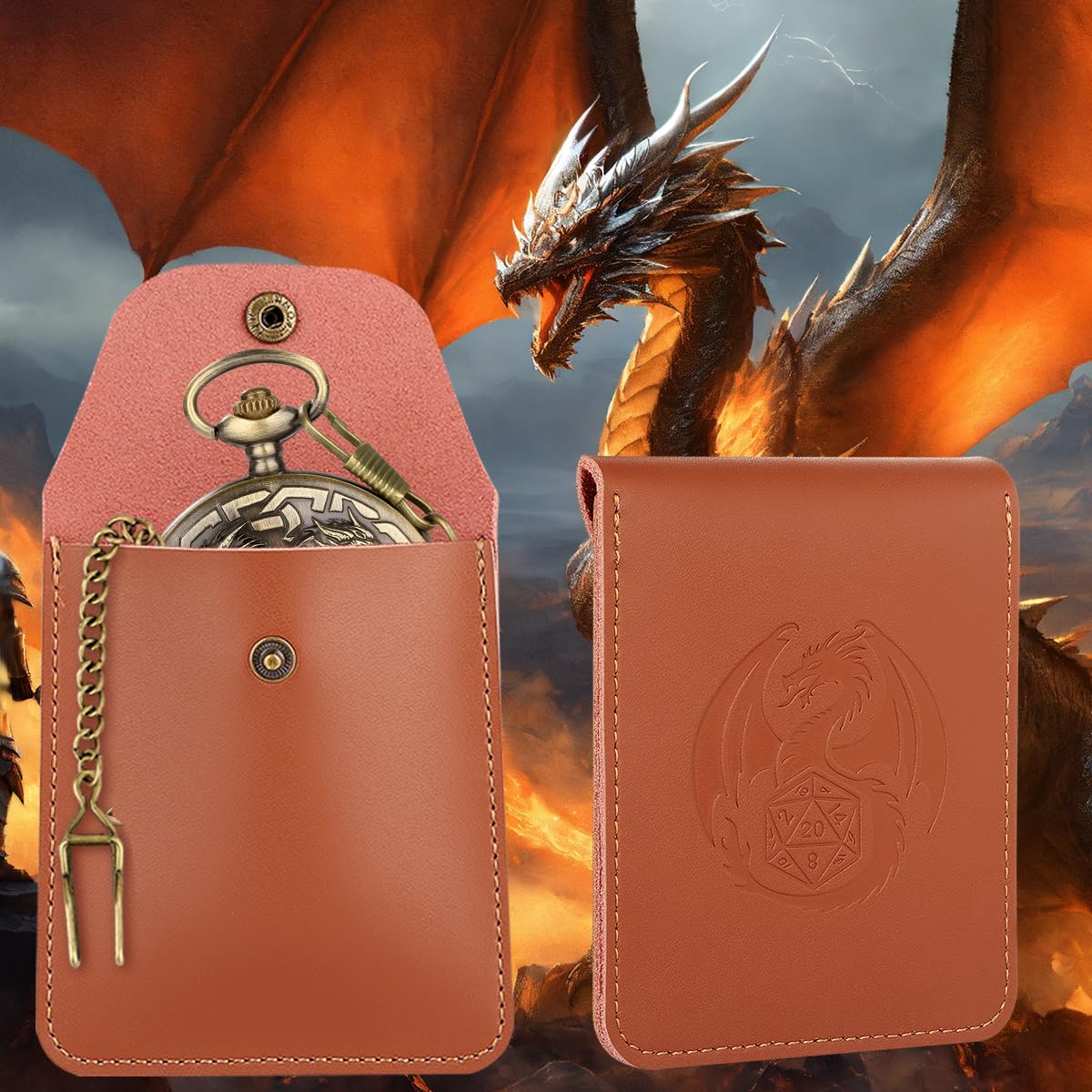 Dragon-Themed Pocket Watch Dice Case with 7 Mini Polyhedral Dice Set - D&D Gift for RPG Players with Leather Bag