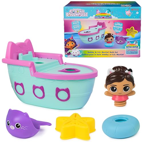 DreamWorks Gabby's Dollhouse Gabby & SS Mercat Bath Set - Floating Toddler Bath Toys with Cruise Ship and Squirter