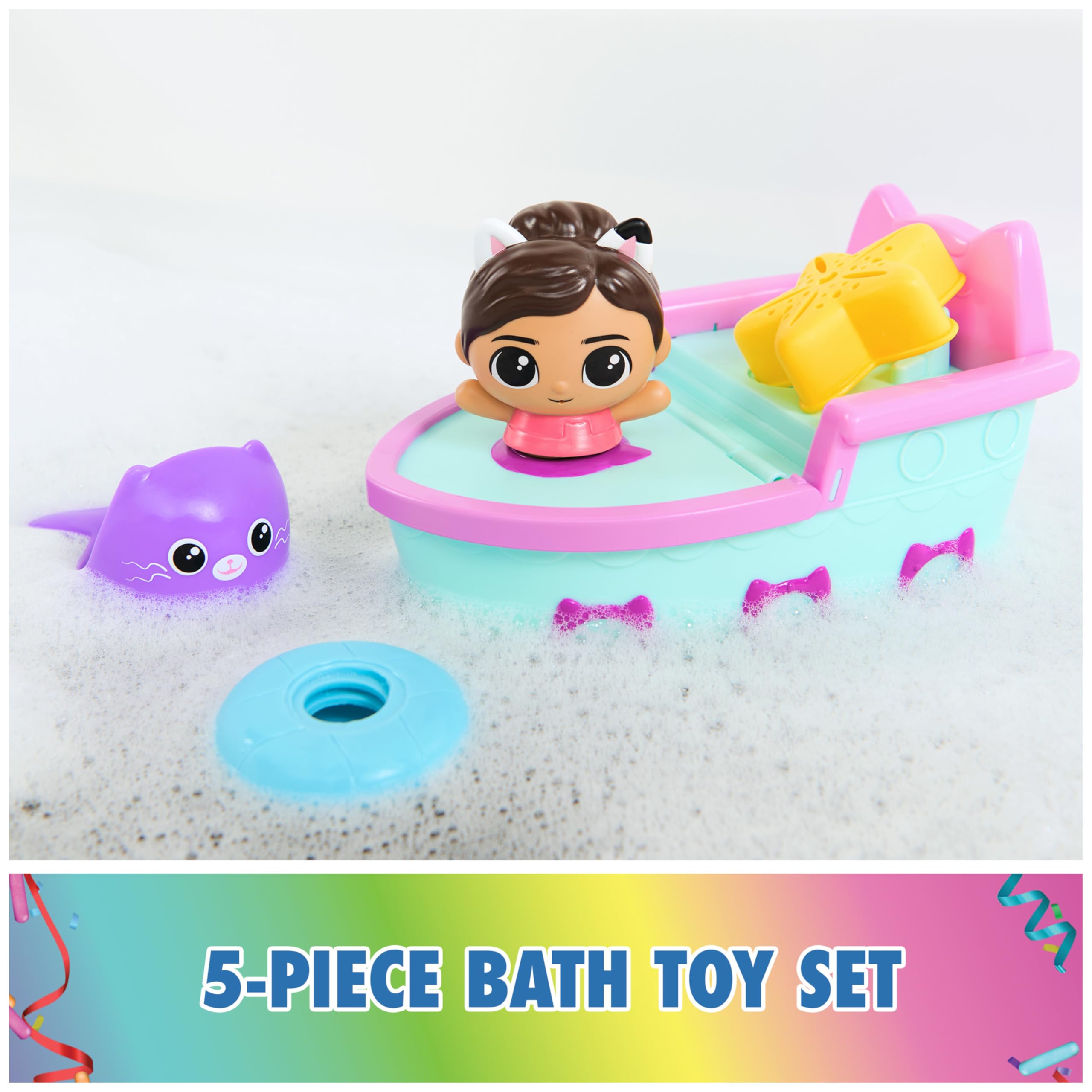 DreamWorks Gabby's Dollhouse Gabby & SS Mercat Bath Set - Floating Toddler Bath Toys with Cruise Ship and Squirter