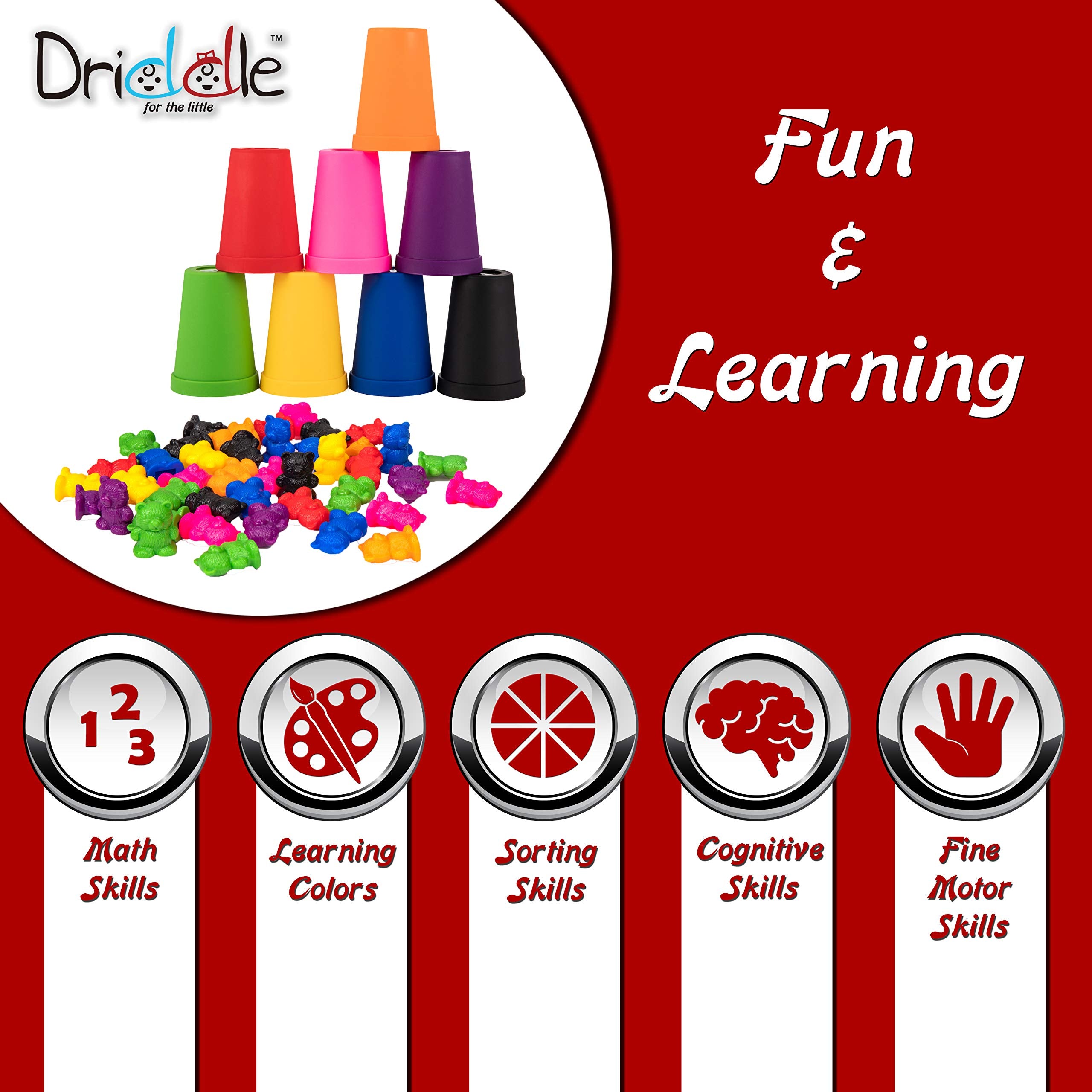 Driddle Colorful Counting Bears Set – 80 Bears with Matching Cups for Toddlers