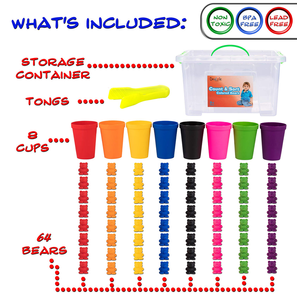 Driddle Colorful Counting Bears Set – 80 Bears with Matching Cups for Toddlers