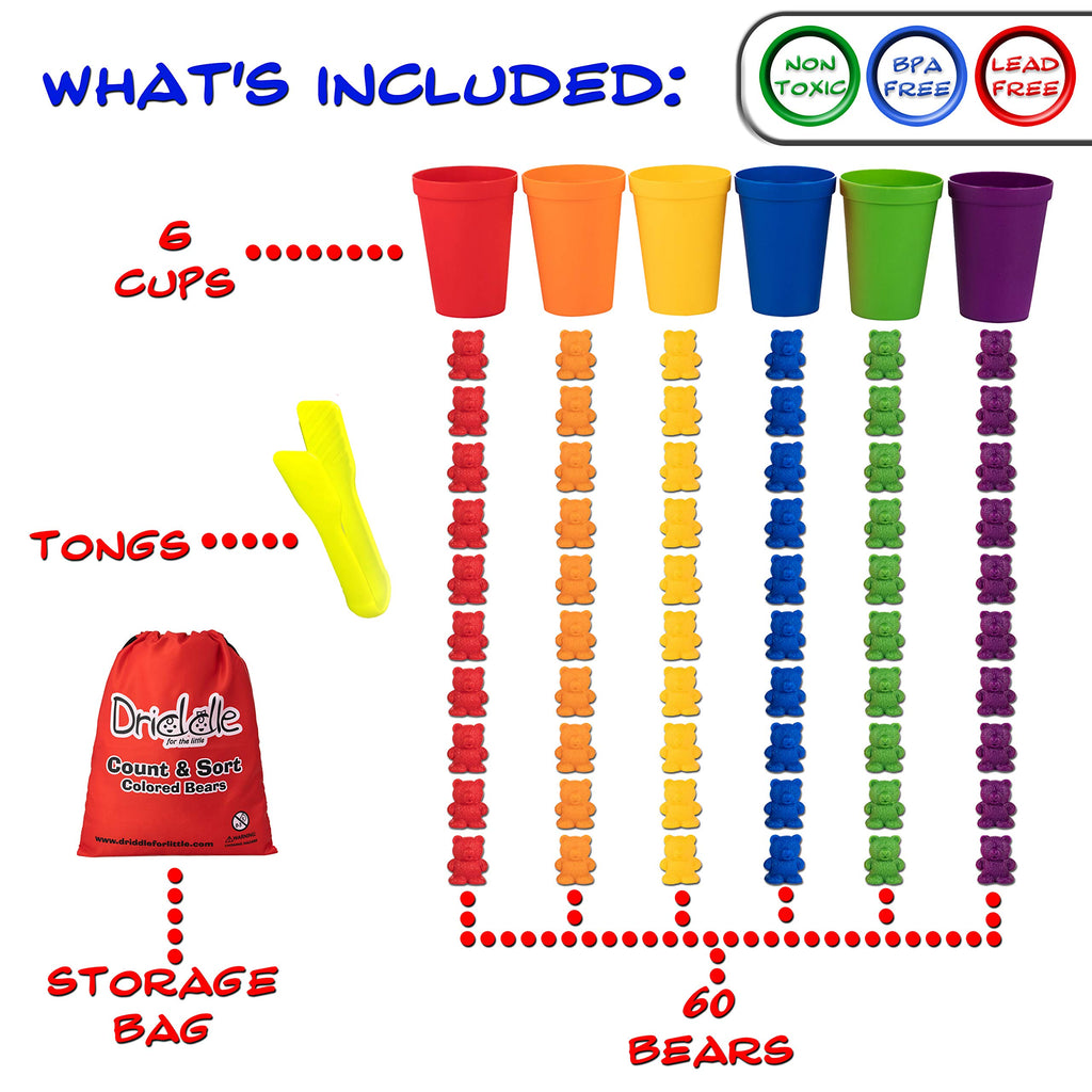 Driddle Counting Bears with Matching Cups – 60-Piece Sorting Toy for Toddlers