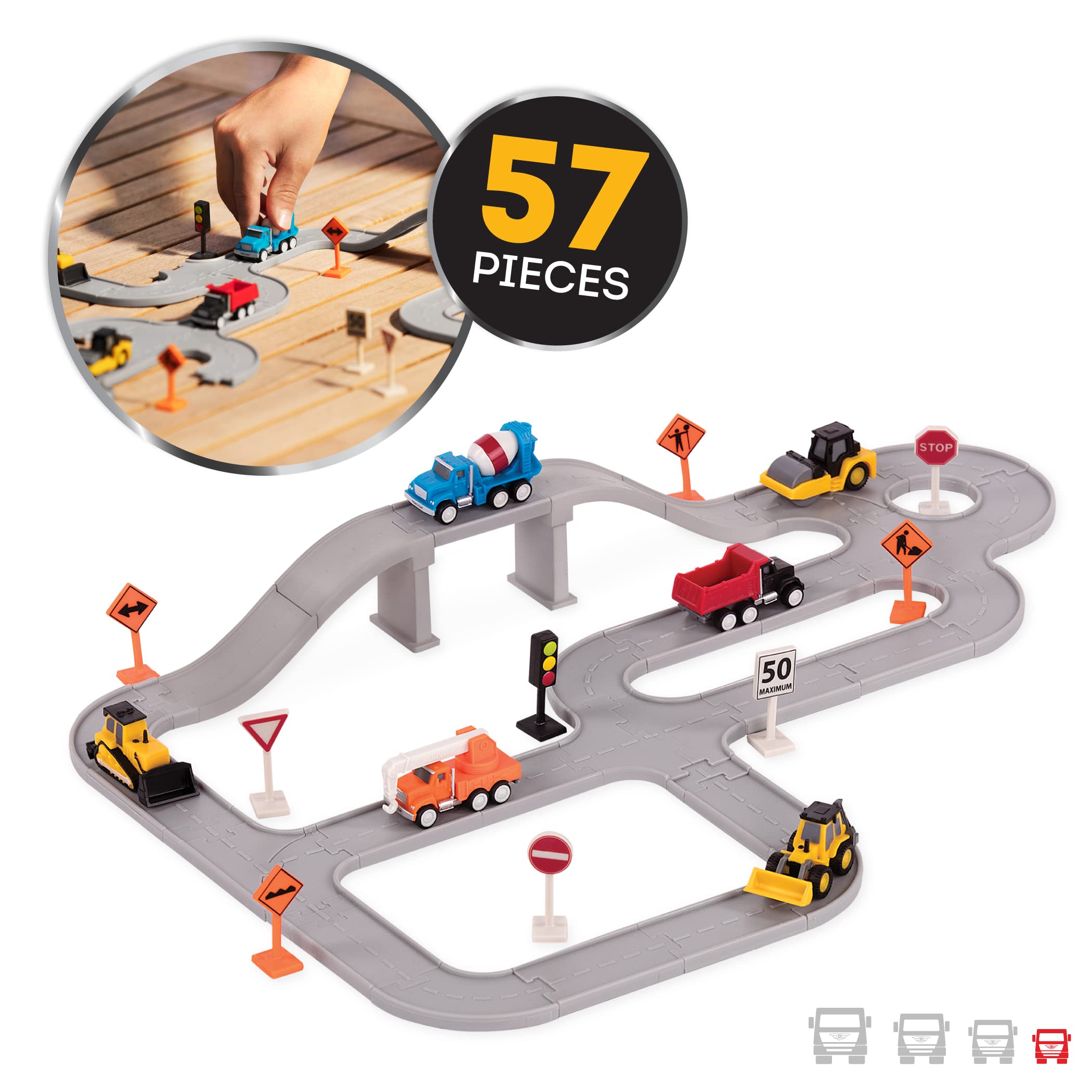 Driven by Battat 57-Piece Construction Toy Playset – 6 Mini Trucks, Tracks & Signs, Ages 3+