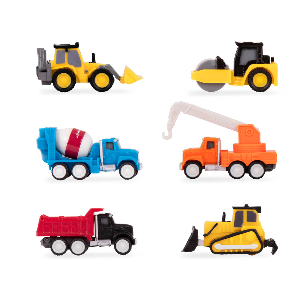 Driven by Battat 57-Piece Construction Toy Playset – 6 Mini Trucks, Tracks & Signs, Ages 3+