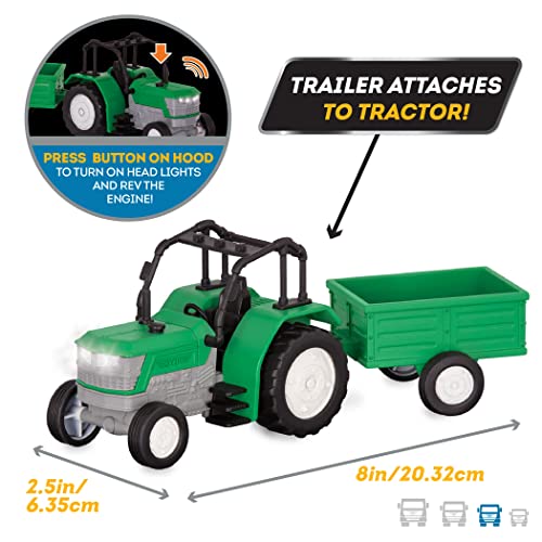 Driven by Battat 7-Inch Toy Tractor with Lights, Sounds, and Detachable Trailer for Kids Ages 3+