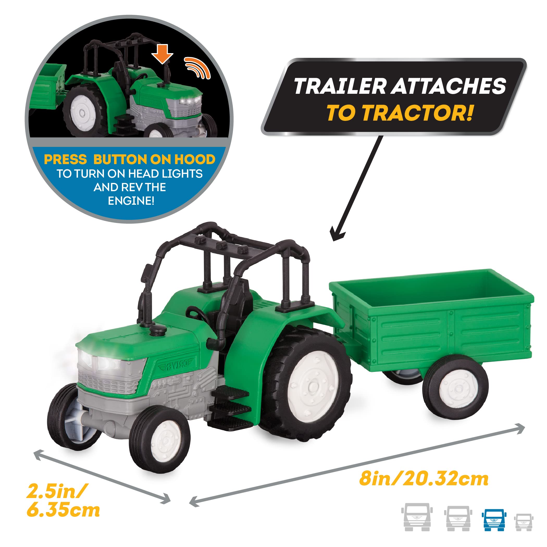 Driven by Battat 7-Inch Toy Tractor with Lights, Sounds, and Detachable Trailer for Kids Ages 3+