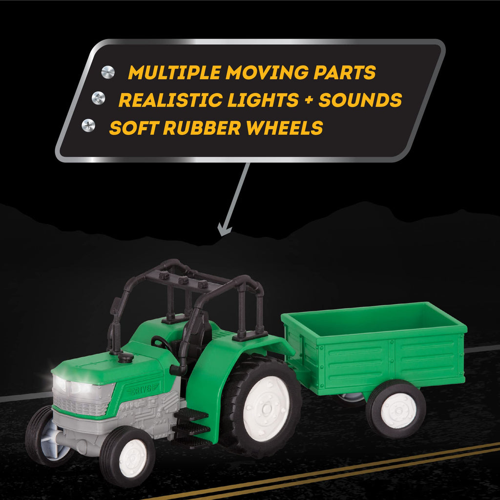 Driven by Battat 7-Inch Toy Tractor with Lights, Sounds, and Detachable Trailer for Kids Ages 3+