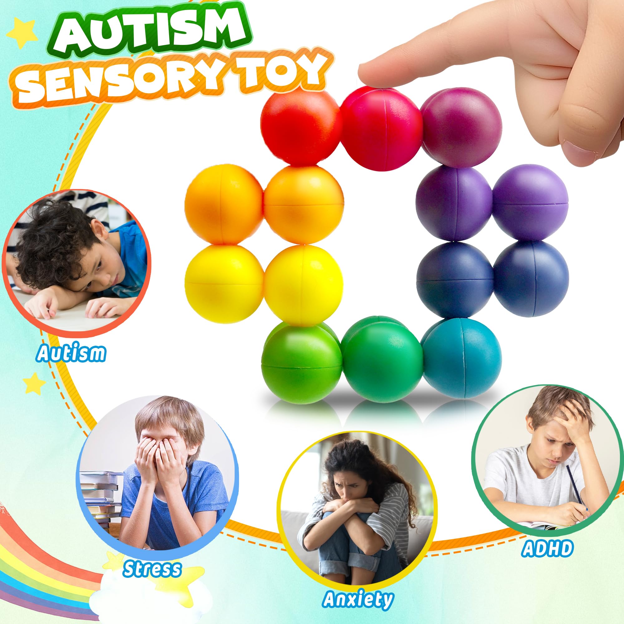 Dr.Kbder 20-Piece Rainbow Sensory Fidget Ball - Twistable Interlocking Toy for Kids with ADHD, Autism, Ages 3-8