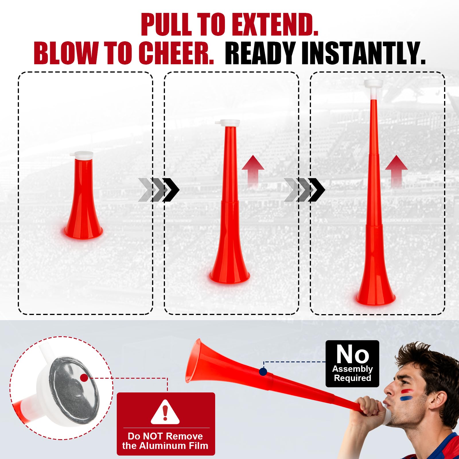 Druvian Red Vuvuzela – 23-Inch Foldable Stadium Horn with Loud Sound for Sports, Parties, and Emergencies